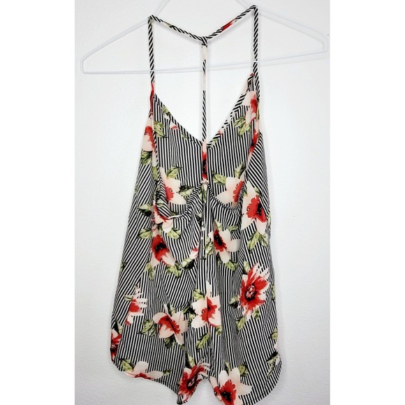 Chocolate U.S.A. Y-Back Top Black/White Striped Flowers VNeck Flowy Small - Picture 2 of 3